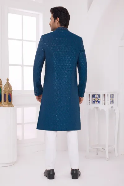 Mens Premium Rich Teal Designer Silk Wedding Special Indo Western Sherwani Set With Aligadhi Pant