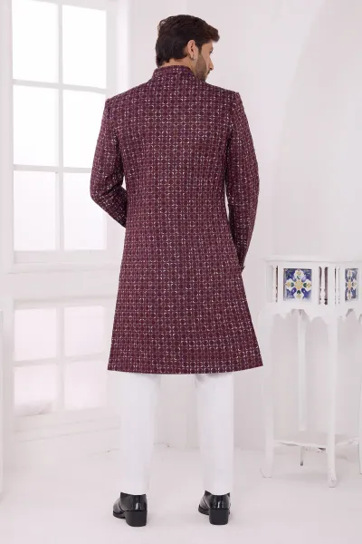 Mens Designer Thread Work Rich Wine Silk Wedding Collection Indo Western Sherwani Set With Aligadhi Pant