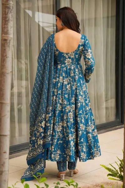 Attractive Cyan Muslin Printed Readymade Anarkali Suit
