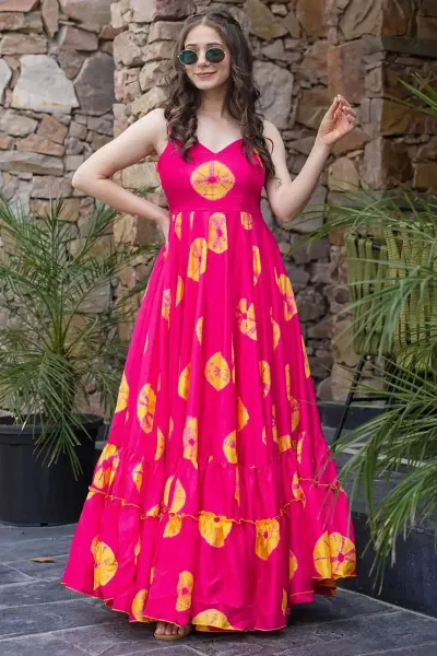 Rayon Fabric Rani Pink Color Delicate Digital Printed Readymade Gown