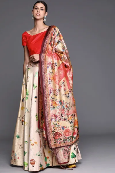 Embellished Printed Work On Beige Color Satin Silk Fabric Lehenga