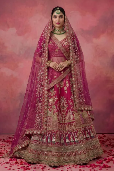 Graceful Heavy Embroidered Magenta Bridal Lehenga Choli In Silk Fabric