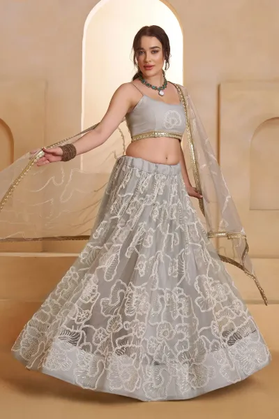 Grey Wedding Wear Net Fabric Sequins Work Lehenga Choli