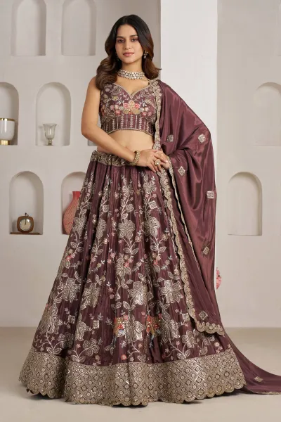 Designer Thread Embroidered Crepe Silk Wine Wedding Lehenga Choli