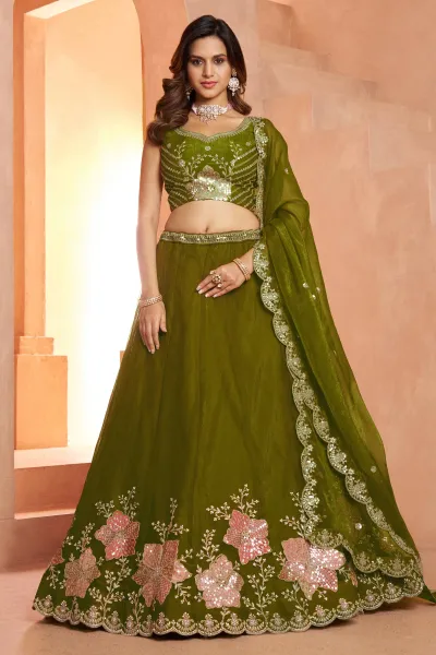 Ethnic Green Sequins Embroidered Wedding Lehenga Choli