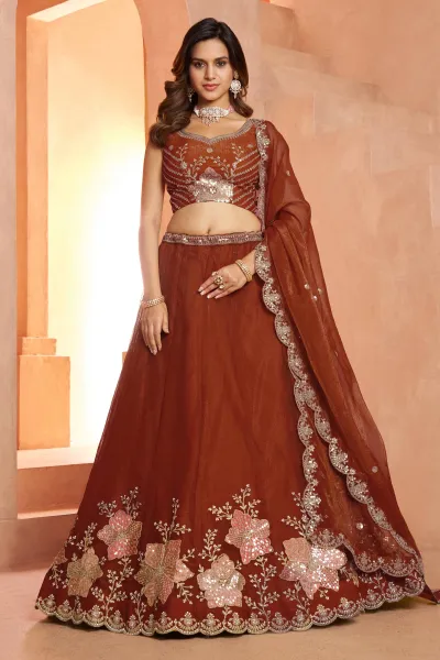 Designer Rust Embroidered Wedding Wear Lehenga Choli