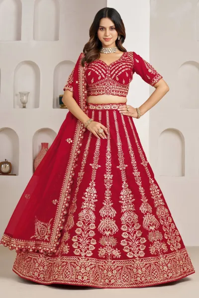 Fancy Red Silk Embroidered Traditional Sangeet Function Lehenga Choli