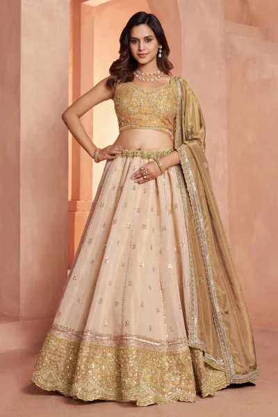 Ethnic Beige Embroidered Wedding Function Lehenga Choli