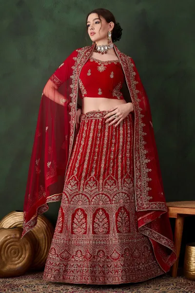 Elegance Velvet Red Bridal Lehenga Choli