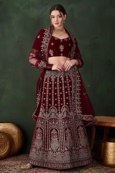 Maroon Imperial Velvet Wedding Bridal Lehenga Choli