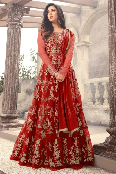 Sonal Chauhan Red Embroidered Georgette Anarkali Salwar Suit