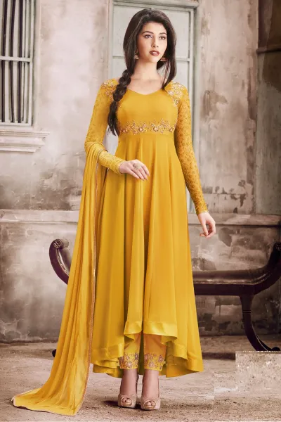 Yellow Embroidered Georgette Anarkali Suit