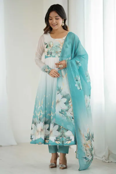 Cyan Floral Print Readymade Anarkali Salwar Kameez