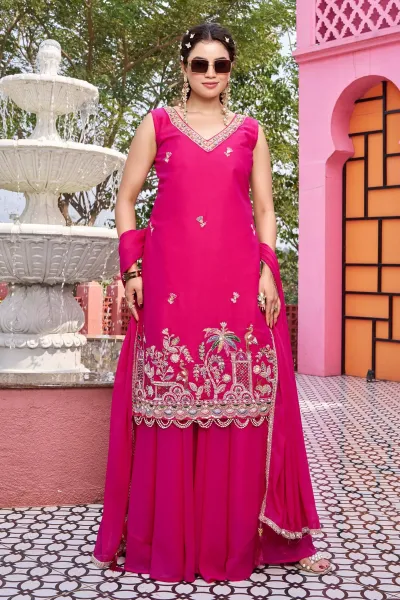 Pink Sangeet Wear Embroidered Georgette Readymade Palazzo Suit