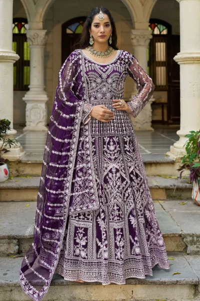 Net Readymade Anarkali Salwar Kameez In Purple Color