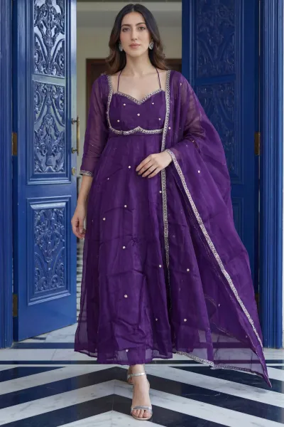 Embroidered Art Silk Purple Festive Wear Readymade Anarkali Suit