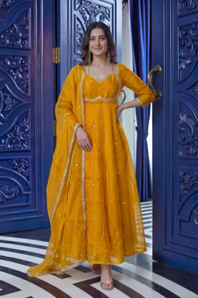Embroidered Yellow Festive Wear Readymade Anarkali Suit