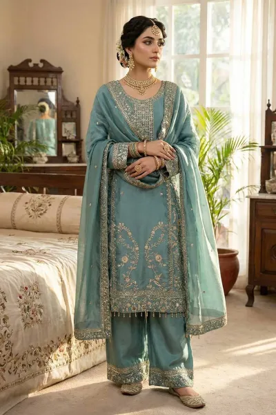 Cyan Festive Wear Art Silk Embroidered Readymade Palazzo Suit