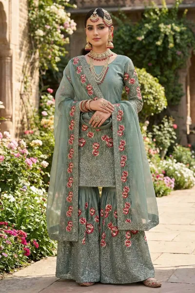 Cyan Function Wear Art Silk Embroidered Readymade Palazzo Suit