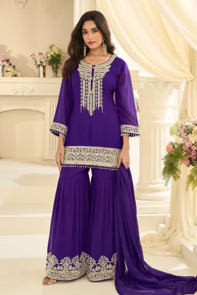 Embroidered Georgette Readymade Salwar Suit In Purple Color