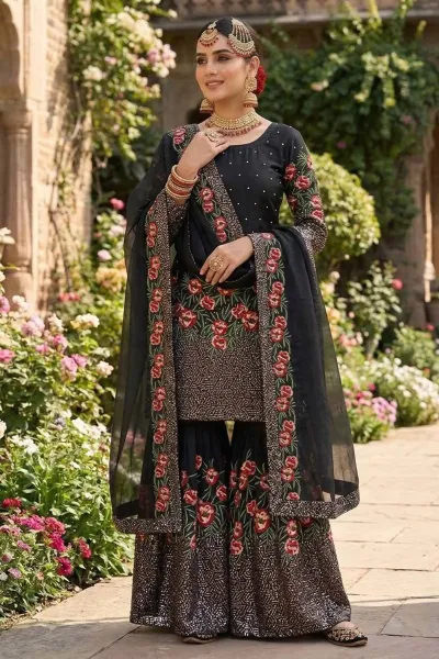 Party Wear Black Art Silk Sharara Suit With Designer Embroidered Work