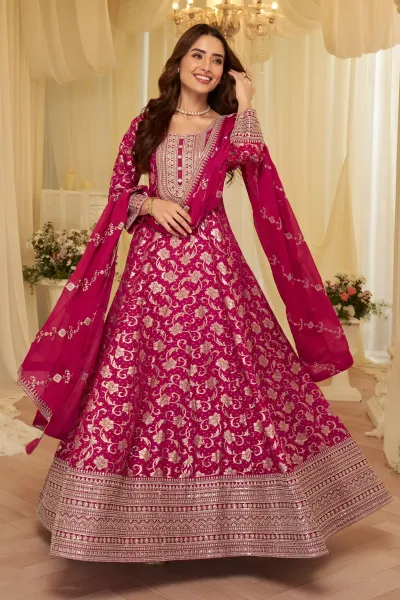 Wedding Function Wear Rani Viscose Silk Readymade Anarkali Suit Set