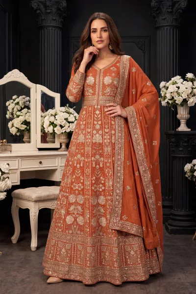 Embroidered Georgette Rust Readymade Anarkali Suit