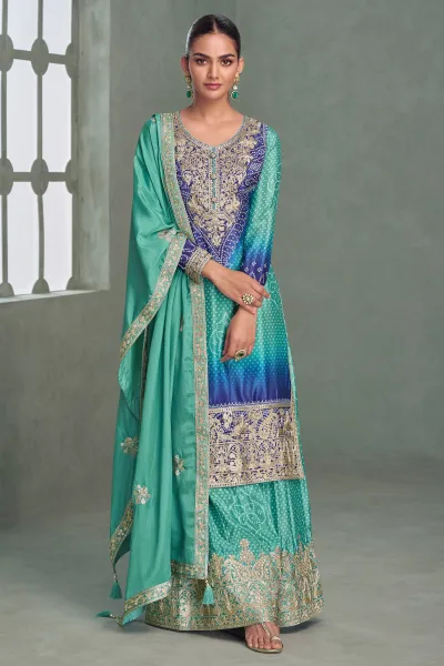 Gleaming Embroidered Cyan Readymade Palazzo Salwar Kameez