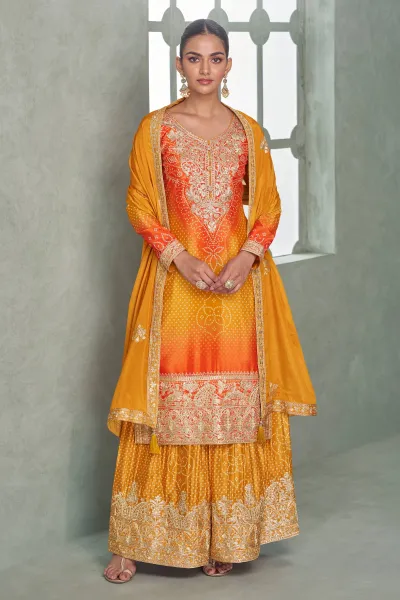 Orange Embroidered Readymade Palazzo Salwar Suit