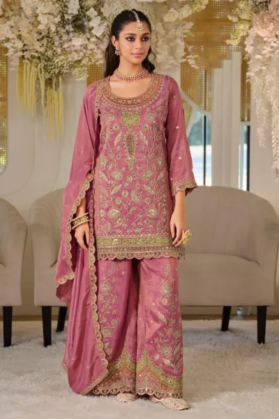 Premium Art Silk Sequins Embroidered Pink Readymade Palazzo Set