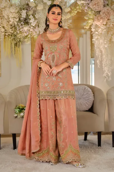 Peach Sequins Embroidered Art Silk Readymade Palazzo Set