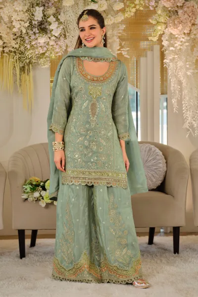 Sea Green Art Silk Sequins Embroidered Designer Readymade Palazzo Set