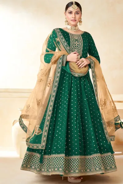 Fancy Fabric Engrossing Function Look Anarkali Suit In Green Color