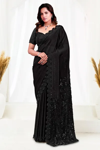 Premium Black Fancy Fabric Heavy Hand Work Sangeet Special Readymade Saree