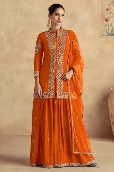 Party Wear Orange Chinon Silk Embroidered Suit