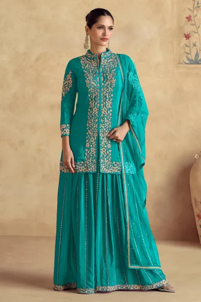 Cyan Premium Chinon Silk Readymade Palazzo Set