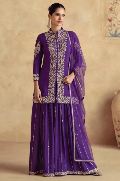 Embroidered Purple Chinon Silk Salwar Suit
