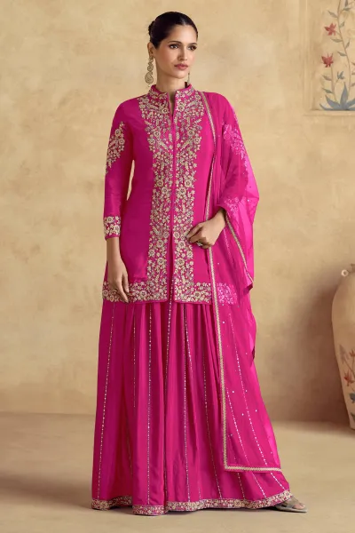 Ethnic Chinon Silk Rani Palazzo Suit With Dupatta