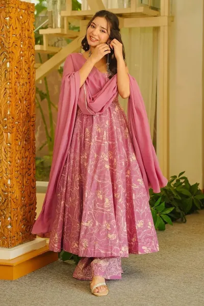 Fancy Pink Readymade Anarkali Kurta Set For Girls