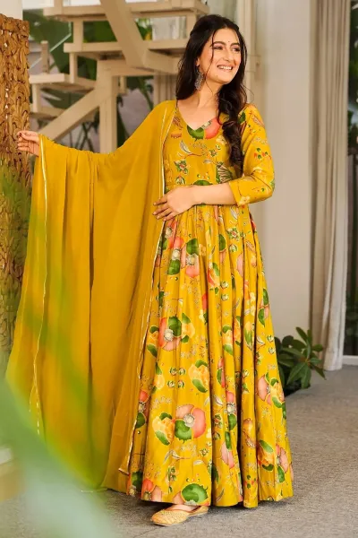 Yellow Rayon Printed Readymade Anarkali Salwar Kameez