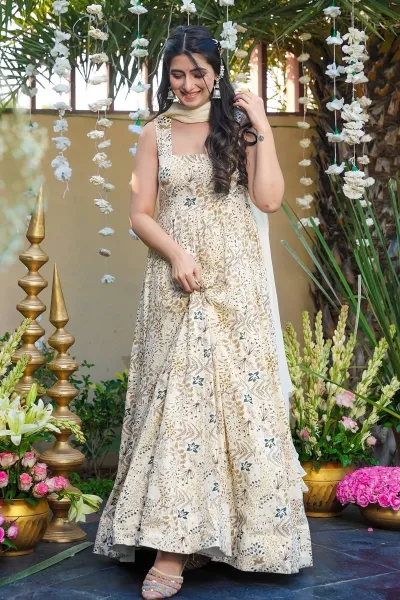 Beige Rayon Printed Readymade Anarkali Salwar Kameez