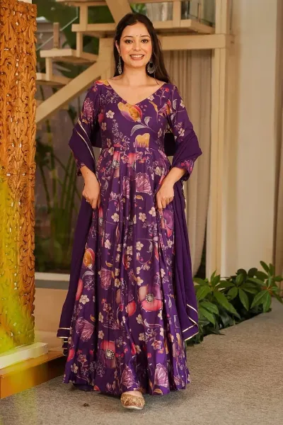 Printed Rayon Purple Readymade Anarkali Suit