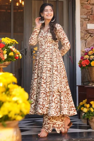 WomenS Floral Print Knee Length Fit And Flare A-Line Brown Dress