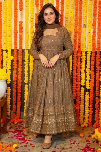 Brown Color Sequins Design Georgette Fabric Engaging Gown With Dupatta