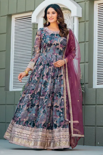 Printed Art Silk Grey Readymade Anarkali Style Gown With Dupatta Set