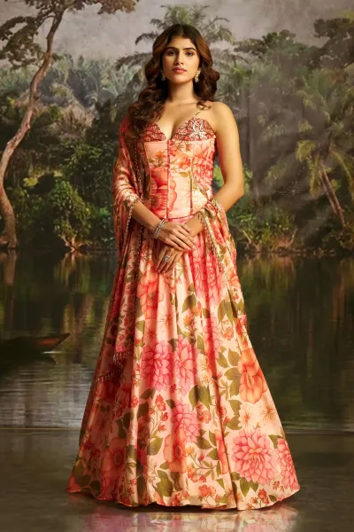 Peach Festive Wear Georgette Floral Printed Readymade Lehenga Set With Corset Blouse