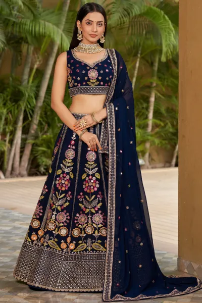 Navy Blue Color Georgette Fabric Sangeet Wear Fashionable Lehenga Choli With Sequins Work