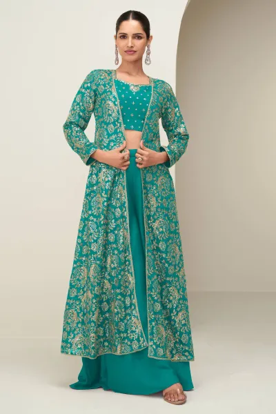 Party Wear Embroidered Cyan Indo Western Palazzo Set With Jacket