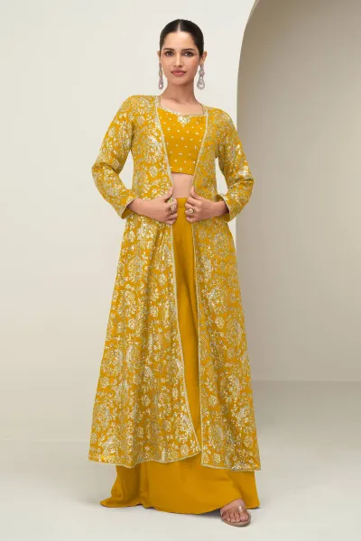 Mustard Chinon Silk Embroidered Indo Western Palazzo Set With Jacket