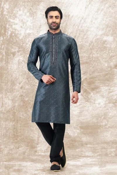 Grey Color Sangeet Wear Pretty Kurta Pyjama For Men In Jacquard Silk Fabric